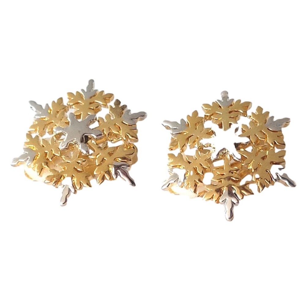 Vintage Silver Gold Tone Snowflake Winter Holiday Clip-on Statement Earrings